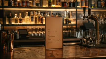 A bar counter with a menu, bottles, and taps, in a dimly lit setting.
