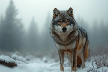 majestic lone wolf in a vast winter landscape moonlit snowcovered forest misty atmosphere wolfs fur detailed against the stark white background conveying solitude and wild beauty