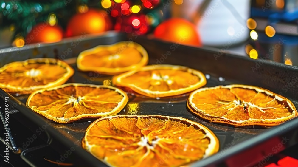 Poster A baking sheet with dried orange slices on it