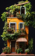 Colorful house adorned with vibrant plants, showcasing a charming blend of architecture and nature.