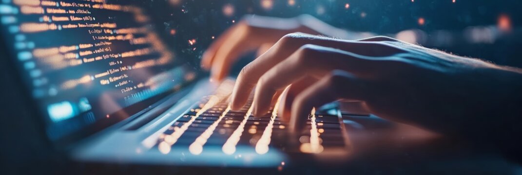 Two large monitors showing code in a dim workspace, representing software development and coding.