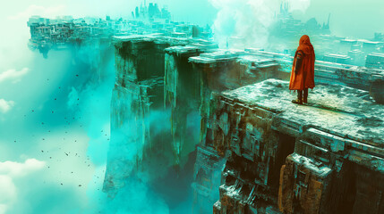 A scene of a futuristic robot standing on a cliff looking down at a collapsing city.