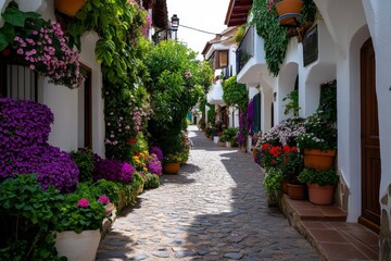 Obraz premium Beautiful cozy street, hidden gardens, lush greenery reveals secret gardens and courtyards, filled with flowers and vines