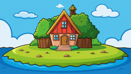 a cartoon illustration of a cottage on the island