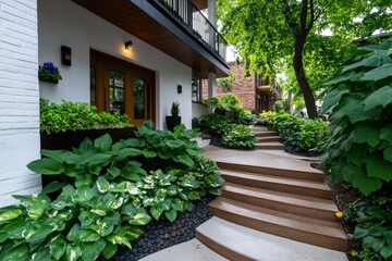 Fototapeta premium Beautiful cozy street, vine-covered terraces, secluded balconies offers private nooks for relaxation, framed by cascading greenery