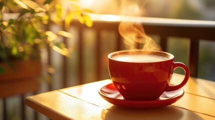 Fototapeta premium A closeup of a steaming hot coffee in a red ceramic cup, placed on a sunny balcony table in the morning.