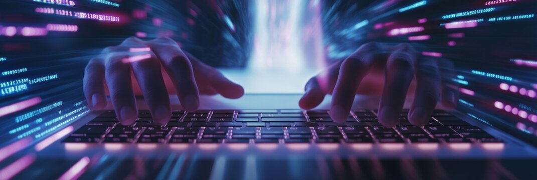 Hands typing code on a laptop in a colorful, tech-inspired office space. Focus on software development