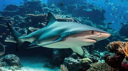 A Grey Reef Shark Swims Gracefully Among Colorful Coral Reefs in a Vibrant Underwater Ecosystem During Daylight in the Ocean