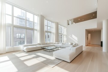 Modern Minimalist Loft Living Room with White Sectional and Large Windows