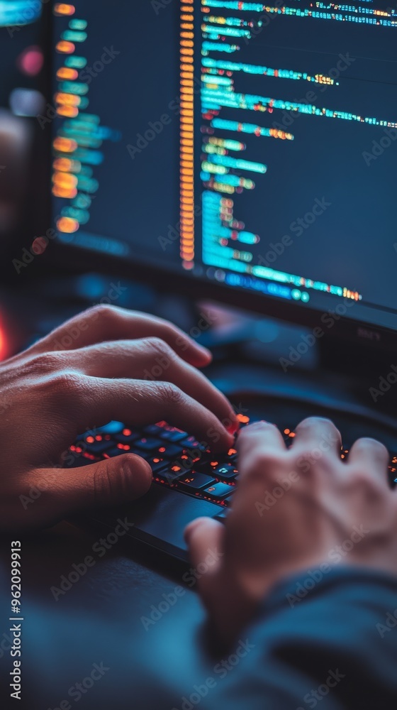 Poster Close-up of hands typing code on a mechanical keyboard with colorful lines of code on a monitor, ideal for tech and programming content