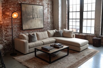 Stylish Modern Loft Living Room with Exposed Brick Wall, Beige Sectional Sofa, Minimalist Coffee Table, and Industrial Floor Lamp