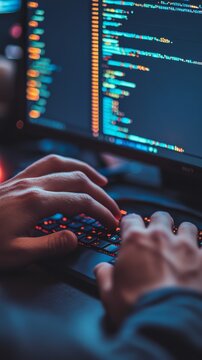 Close-up of hands typing code on a mechanical keyboard with colorful lines of code on a monitor, ideal for tech and programming content