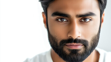 Obraz premium Attractive Indian Man with a Beard, Showcasing Skincare and Cosmetic Products in a Closeup Portrait with a White Background