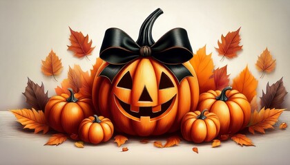 A jack-o'-lantern pumpkin with a black ribbon surrounded by smaller pumpkins and autumn leaves.