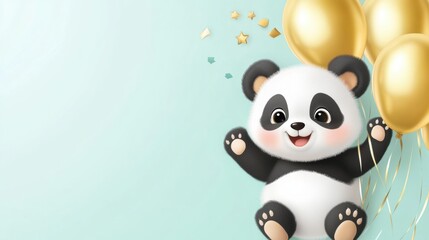 Fototapeta premium A panda bear is holding a bunch of gold balloons, AI