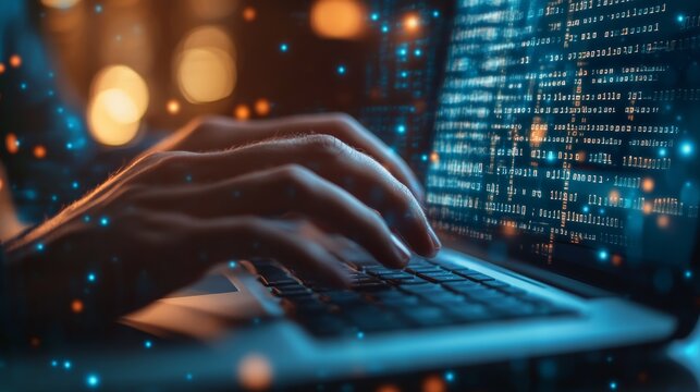 Hands typing on a laptop with binary code in the background, highlighting the digital nature of coding and cybersecurity.