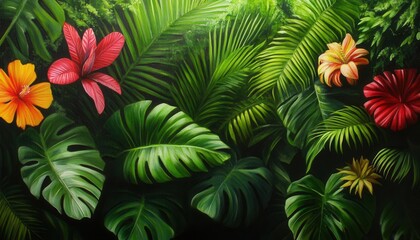 Vibrant tropical scene featuring lush green leaves and colorful flowers amid a rich, natural landscape.