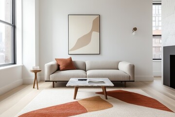 Modern Loft Living Room with Contemporary Sofa, Marble Coffee Table, High Ceilings, and Vibrant Rug