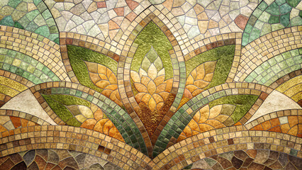 Ornate mosaic design with floral elements and earthy tones for interior decor
