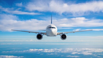Obraz premium Airliner Soaring Through Clear Blue Skies Above Fluffy Clouds During Daylight Hours Over an Expansive Landscape