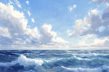 Fototapeta premium An Impressionistic Painting of the Ocean with Blue Skies and White Clouds