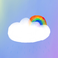 Drifting clouds frame a vibrant rainbow and soft rain.