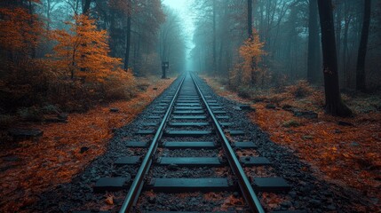 Naklejka premium Train Tracks Leading into a Misty Forest