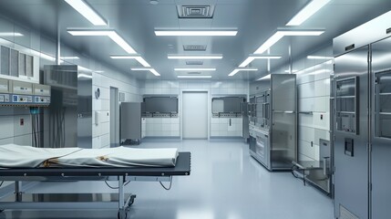 Empty operating room with surgical table, stainless steel cabinets, and bright lights.
