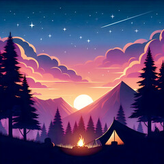 a poster for a camping with a mountain landscape and a campfire, Ai Generated