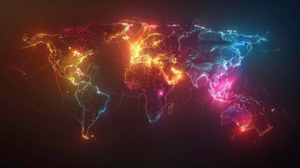 A glowing world map with vibrant neon colors outlining the continents, set against a dark background.