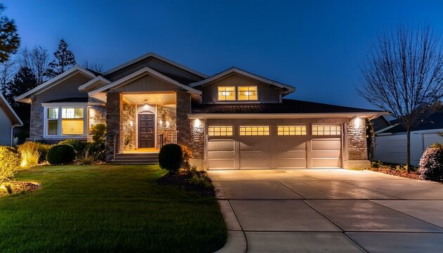 bright security lights illuminating a suburban house at night, highlighting safety features.