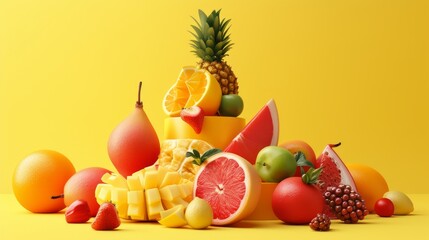 A dynamic display of various tropical fruits, including pineapple, oranges, pears, and grapefruit, arranged in a pyramid shape against a bright yellow backdrop. The scene is vibrant, exuding freshness