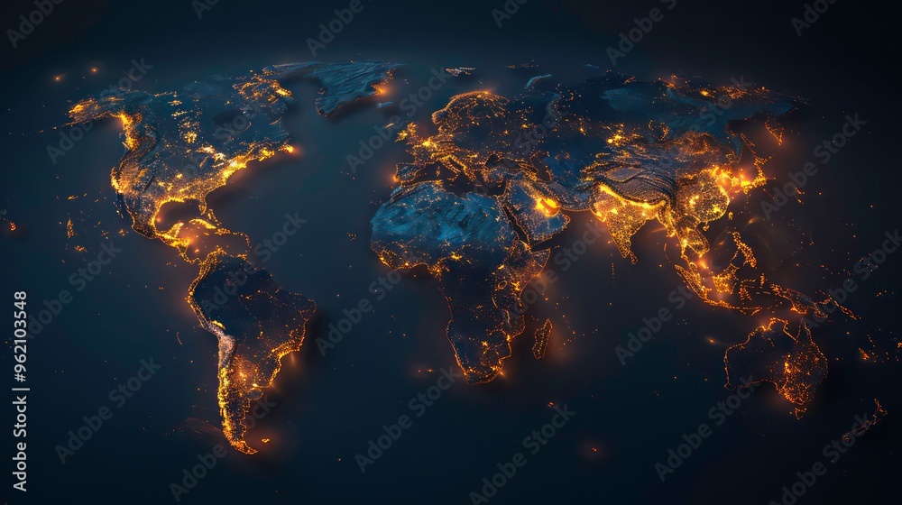 Wall mural a stylized 3d map of the world glowing with lights, representing global interconnectedness and commu