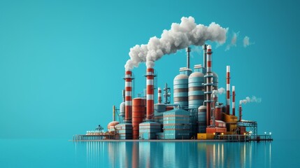 Obraz premium A large industrial power plant sits by the sea, with multiple smoking chimneys against a bright blue sky. The colorful, complex structure reflects in the calm water, conveying the vast scale and