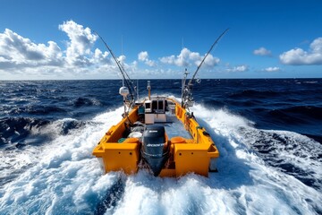 Naklejka premium Fishing boat, open sea, adventure on the waves promises an exciting day of deep-sea fishing with endless possibilities