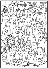 Halloween coloring page. Witch, ghosts, bats, pumpkins on a night of celebration. Coloring book for kids. Trick or treat. Hand drawn vector illustration