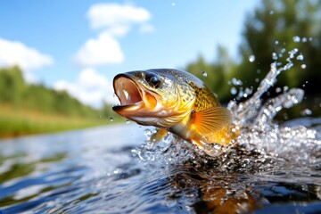 Fototapeta premium Fishing for bass, early morning, topwater action brings thrilling strikes as fish leap from the water to snatch your lure