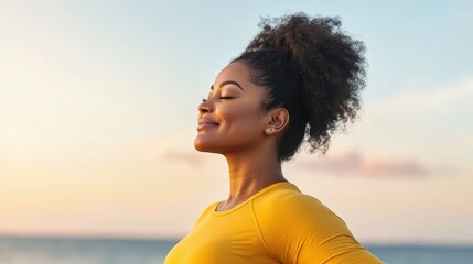 Empowering Ocean Mindfulness: Plus-Size Black Woman Practicing Yoga in Harmony with Nature on Vibrant Beach Shore