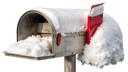 Mailbox covered in snow during winter season, cut out transparent