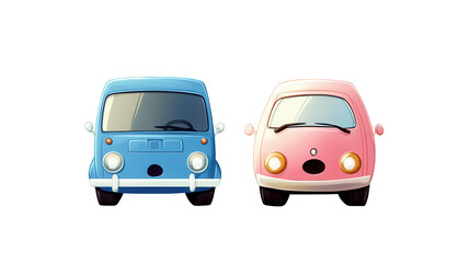 Playful cartoon cars, one blue and one pink, facing each other. Colorful design perfect for children's illustrations. PNG, transparent, no background