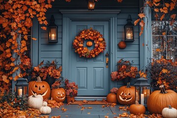 Obraz premium Halloween pumpkin decorations. Pumpkin for decorated house. Halloween Decorated at front yard of a American home. Halloween decorated front door with pumpkins.