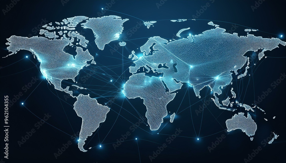 Wall mural decentralized lines connect nodes on world map continents in subtle blue