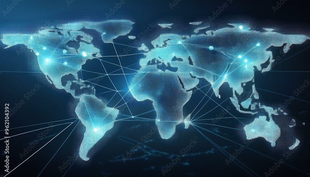 Wall mural decentralized lines connect nodes on world map continents in subtle blue