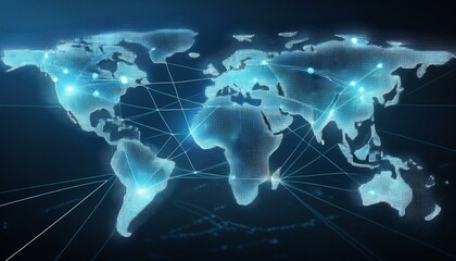 Decentralized lines connect nodes on world map continents in subtle blue