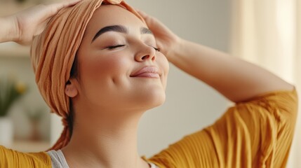 Fototapeta premium Embracing Body Love: Mindful Stretching Practice of Plus-Size Middle Eastern Woman Reflecting the Body-Spirit Connection in Calming Space
