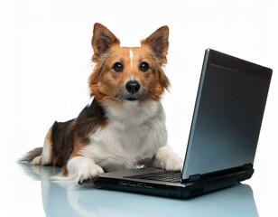 dog sitting in front of laptop.