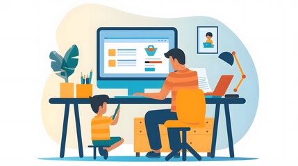 Father Working from Home While Child Plays