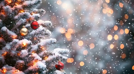 christmas background, Christmas winter blurred background. Xmas tree with snow decorated with garland lights, holiday festive background. Widescreen backdrop. New year Winter art design