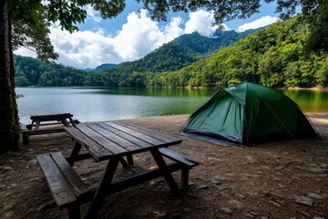 Fototapeta premium Forest hike, cool breeze, lake reflections guides you to a campsite that feels like a hidden gem in the heart of nature