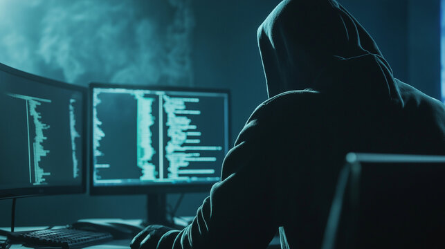 Programmer is writing code in a dark room